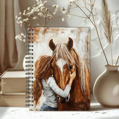 1 دفتر رسم وكتابة بحجم A5 بعنوان "حب الخيول": دفتر يومي ودفتر رسم للهواة - مجلد حلزوني مع غلاف يحتوي على لوحة لامرأة وحصان بني - هدية مثالية لعشاق الفروسية، للركوب، الرسم والكتابة