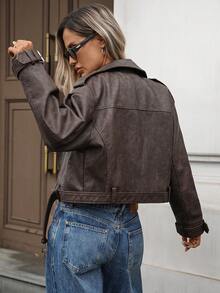 Women's Faux Leather Jacket Crop Biker Long Sleeve Zipper Belt Coat Outwear - Light Brown - View 8