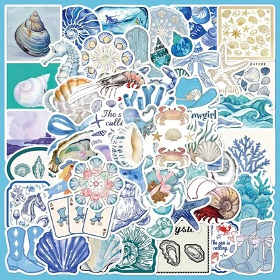 50pcs Cartoon Blue Coastal Girl Doodle Stickers, Decorative For Guitar, Notebook, Luggage DIY