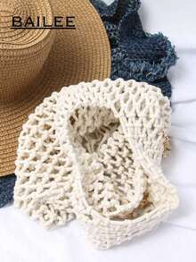 BAILEE 1 Set Polyester Crochet Mesh Bottom Multi-Color Solid Knitted Tote Bag, Quilted Pattern, Lightweight Portable Large Capacity Cute Fashion Beach Bag, Suitable Women, Young Professionals, Teachers/Girls - 白色 - 查看 7