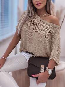 Women's Hollow Out Loose Fit Asymmetric Neck Knit Top, Suitable For Summer Vacation - Apricot - View 3