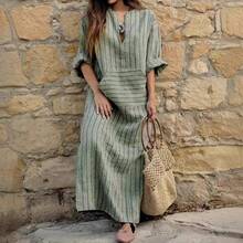Popular European And American New Cotton Linen Striped Loose Fit Dress Women Summer Casual Vacation Beach Mini Dress 2024 New Arrival - Sọc xanh - Xem 10