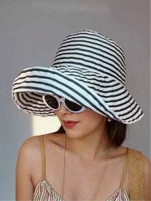 Women's Retro Striped Wide Brim Bucket Hat, Foldable Multi-Functional Casual Outdoor Sun Protection Hat, Suitable For All Seasons - Multicolor - View 3