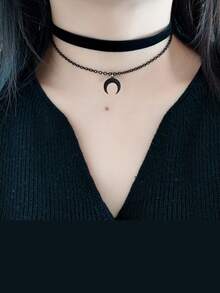 1件装 女士哥特复古朋克风双层黑色月亮吊坠项链 - 彩色 - 查看 2