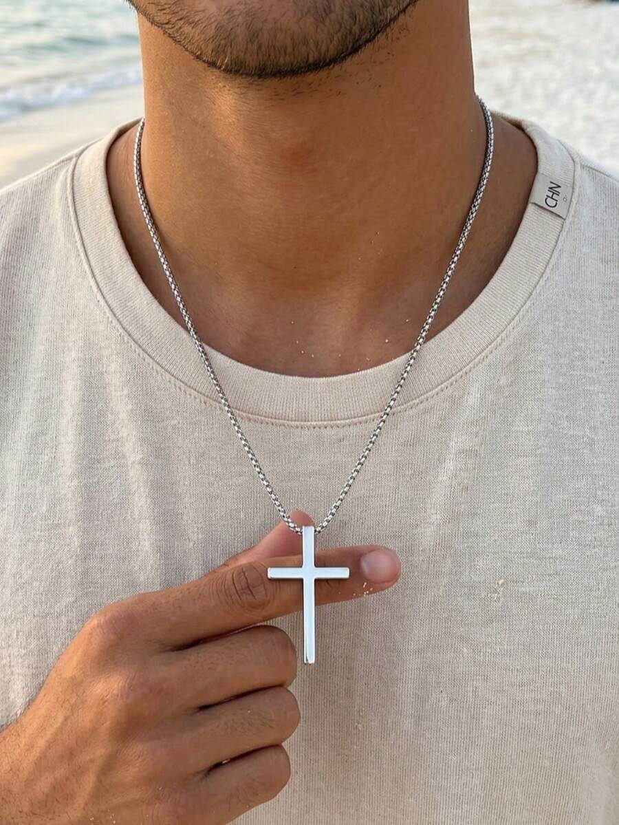男士304不锈钢十字架吊坠项链，防氧化银色盒式链条，简约风格首饰，经久耐用，日常佩戴配饰