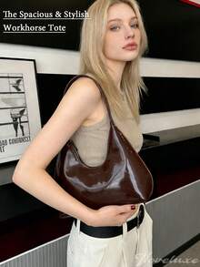Korean Style Niche Red Lacquer Leather Crescent Shoulder Bag, Ladies Handbag, Stylish Underarm Bag, Good Quality,Fashion PU Leather Hobo Handbag - Versatile PU Leather Shoulder Bag Featuring A High-Shine Finish, Comfortable Single Strap For Underarm Or Handheld Wear, Roomy Interior To Fit Phone, Wallet & Cosmetics, Perfect For Modern Women Seeking Style & FunctionShopping, Commuting, Dating, Parties, Birthday Gifts, Valentine's Day Gifts - 棕色 - 查看 4