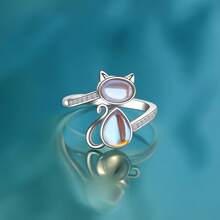 Anillo abierto ajustable con diseño de gato con piedra lunar, anillo de moda con forma de animal de piedra preciosa sintética minimalista - Plateado - Ver 2