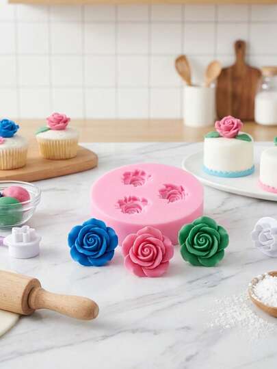 1 pièce/3 pièces Mini moule en silicone à 3 cavités en forme de fleur de rose pour chocolat, moule de cuisson, moule à bonbons, pour la décoration de gâteau et de cupcake fait maison