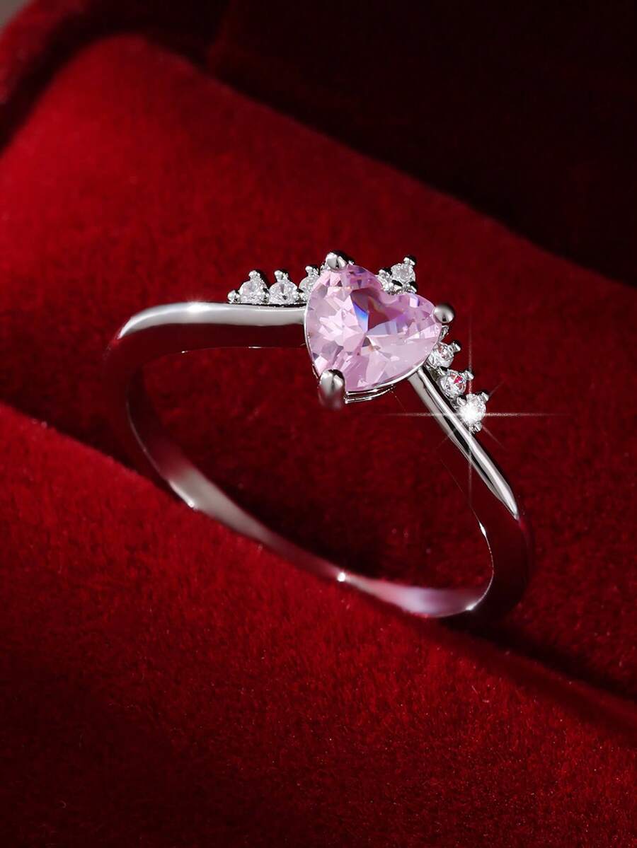 1 Peça Anel de Coração com Pedra Zodiacal Cintilante, Elegante e Glamoroso, Design Romântico da Moda, Presente Ideal para Casais, Melhores Amigos, Adequado para Uso Diário, Casamentos, Festas, Férias na Praia, Dia dos Namorados - Rosa chiclete - Visão 1