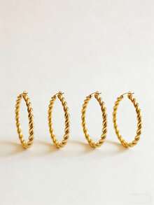 One Pair/Two Pairs Gold Tone Braided Hoop Earring The Size Is 3.5 Cm/1.37 Inch Exaggerated Large Circle Metal Earrings For Women, Daily & Party Wear Minimalist Statement Earrings, Vacation & Date Night Jewelry - Multicolor - View 11