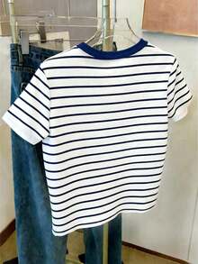 海军蓝条纹马匹印花T恤，撞色领，时尚简约百搭T恤，通勤办公穿搭，春夏女装，大码女式休闲圆领短袖T恤 白色 - 白色 - 查看 2