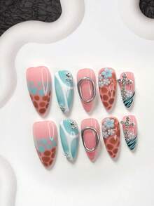 10pcs Y2K Style Acrylic Nail Art Kit, Includes Acrylic Nail Stickers, Hand-Painted Blue, Brown Stone Texture, Black Tree Branch Nail Decor, Blue 5-Petal Flower, Silver Steel Ball Nail Accessories, Blue Nail Polish, Comes With Nail Tools (1 Jelly Sticker + 1 Nail File) 3 Sizes Available: Almond, Duck Mouth, Coffin Press On Nails - 彩色 - 查看 13