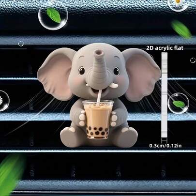 1 pieza Decoración de clip de salida de aire del coche con patrón de elefante pequeño y lindo bebiendo té de burbujas, plano 2D. Se puede agregar fragancia por sí mismo, decoración de dibujos animados de acrílico, accesorios interiores del coche, ambientador de aire de clip, se puede usar como regalo para fiestas
