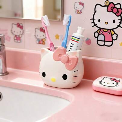 SANRIO Pink Cat Bathroom Storage Creative Design Decor, Cute Cartoon Stationery Supplies, Creative Phone Holder, Toothbrush & Toothpaste Organizer, Vase