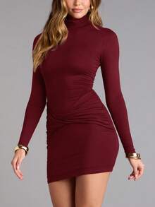 Vuslat 女士春季时尚优雅简约高领修身短款迷你连衣裙，春季服装，情人节装扮，婚礼宾客礼服，休闲连衣裙，红色连衣裙 - 酒紅色 - 查看 9