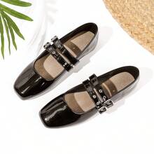Zapatos Mary Jane planos y poco profundos con doble hebilla, adecuados para faldas y uso diario - Negro - Ver 17