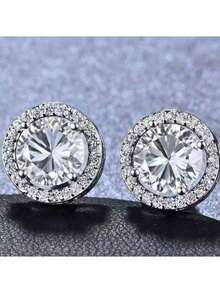 1 Pair Fashion Minimalist Elegant Cubic Zirconia Stud Earrings For Women, Personalized Dual-Color Zirconia Decorated Jewelry, Suitable For Daily Wear, Valentine's Day Gift - Silver - View 4