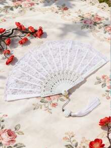 Chinese Traditional Style Feather Fan Cheongsam Female Fashion Show Folding Fan Hanfu Black Lace Fan Dance Fan Retro Chinese Fan, Classical Lolita Lace Fan Cheongsam Fashion Show Photo Folding Fan Dark Style Lace Fan Photo Props - B - View 5
