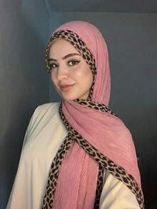 1pc Boho Style Women's Solid Color Hijab, With Leopard Print Border And Pleated Details, Suitable For All Seasons, Versatile, Can Be Used As A Scarf, Headwrap, Cape, Shawl, For Daily Wear Or Special Occasions, Can Also Be Used As A Clothing Accessory, Windproof And Sunscreen.,Beach,Holiday - Multicolor - View 6