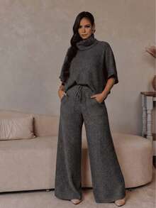 Conjunto Feminino De Tricô Mousse Ponto Fang Gola Alta Inverno - Chumbo - Visão 3