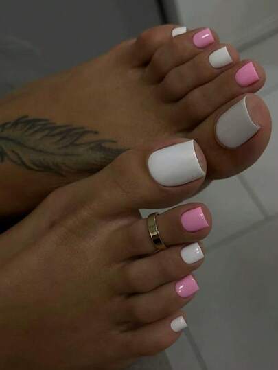 Upgrade Your Style, 48pcs Short Square Toe Nail Tips, White & Pink Glossy Full Cover Foot Nail Set With 1pc Jelly Gel And 1pc Nail File, Suitable For Party, Dance, Daily Wear