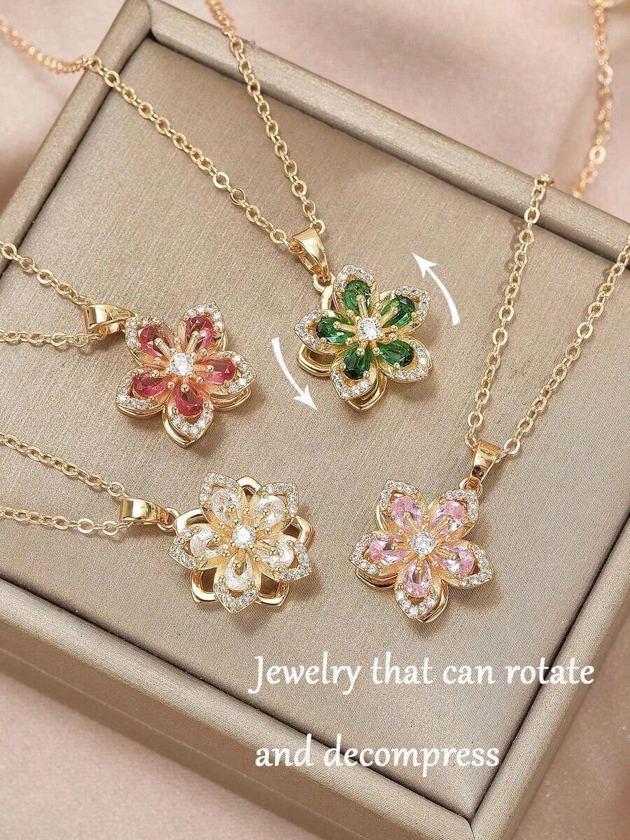 1pc Copper & Cubic Zirconia Plum Blossom Shaped Rotatable Women's Fashion Necklace - Hồng - Xem 1