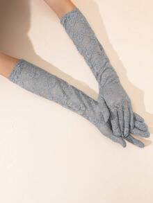 1 Pair Women's Lace Gloves, Long Full Finger Gloves For Driving, Sun Protection, Bridal Ceremony, Summer - Gray-081 - View 4
