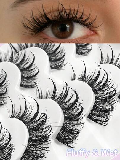 Asiteo 6对湿润妆效假睫毛，尖刺漫画风格仿貂毛假睫毛，Y2K风格，3D蓬松自然浓密，交叉柔软，整条假睫毛，睫毛嫁接化妆工具