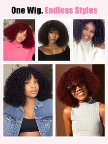 QVR QUEEN VIRGIN REMY QVR 非洲蓬松卷曲波波头假发，带刘海，真人发，佩戴方便，蓬松卷曲波波头刘海假发，黑色带棕色挑染，无胶机织卷曲波波头假发，带刘海，250% 密度，专业无蕾丝短款卷曲波波头假发，100% 巴西原生 Remy 真人发，轻松佩戴。 - S1/30 - 查看 5