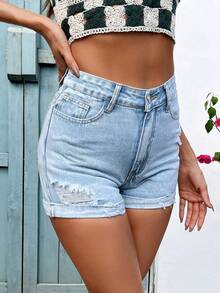 HAPPY GIRL#Frühling/Sommer vielseitige lässige Urlaubs-Musikfestival-Lässig-Distressed-Mode-sexy-College-elegante Damen-Jeans-Shorts - Blau - Übersicht 2
