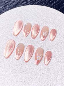 10片手工按压式美甲贴片，短款，假指甲，杏仁形，裸粉色，闪亮猫眼，柔和美感，春季美甲，低调闪粉渐变，手绘3D白色花朵和珍珠装饰，包含美甲工具，快速佩戴和卸除，适合女性和女孩的杏仁形美甲贴片 - 珊瑚橙 - 查看 5