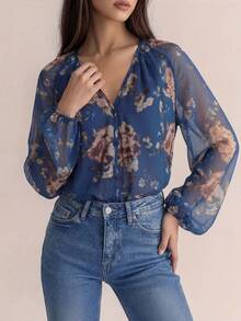 Elegaris Women's Summer New Arrival Multicolor Chiffon Floral Print V-Neck Long Sleeve Retro Elegant Versatile Cardigan Top Vacation Spring Casual - Blue - View 6