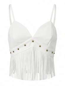 Women's Y2K Studded Tassel Fringe Camisole Tank Top Spaghetti Strap V Neck Faux Leather Cami Crop Tops Sleeveless Backless Sim Fit Suede Vest Shirt Vintage 70s Hippie Cowgirl Cowboy Country Concert Western Camisole Concert Vintage Outfits Streetwear - 白色 - 查看 6