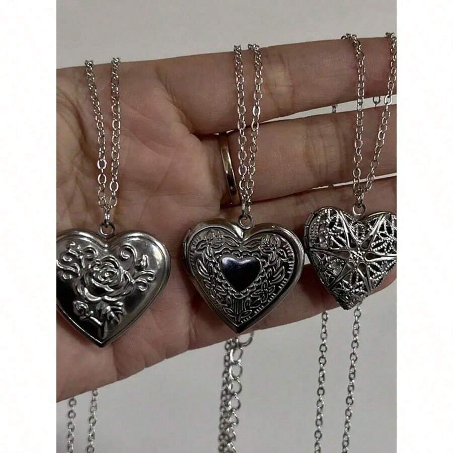 Romantic Heart-Shaped Locket Pendant, Openable, Silver-Colored, Fashionable & Unique, Photo Frame Necklace, Suitable For Both Men And Women, Gift For Valentine's Day, Mother's Day - 銀級 2 - 查看 1