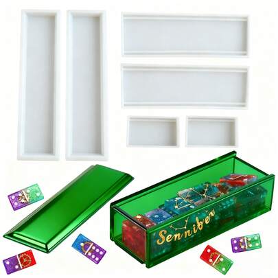 Bộ 6 khuôn đúc nhựa hình quân cờ domino, kèm khay trượt, hộp đựng lớn bằng silicon, dùng để đúc nhựa epoxy, làm trang sức, bài tarot, đồ thủ công DIY, trang trí nhà cửa.