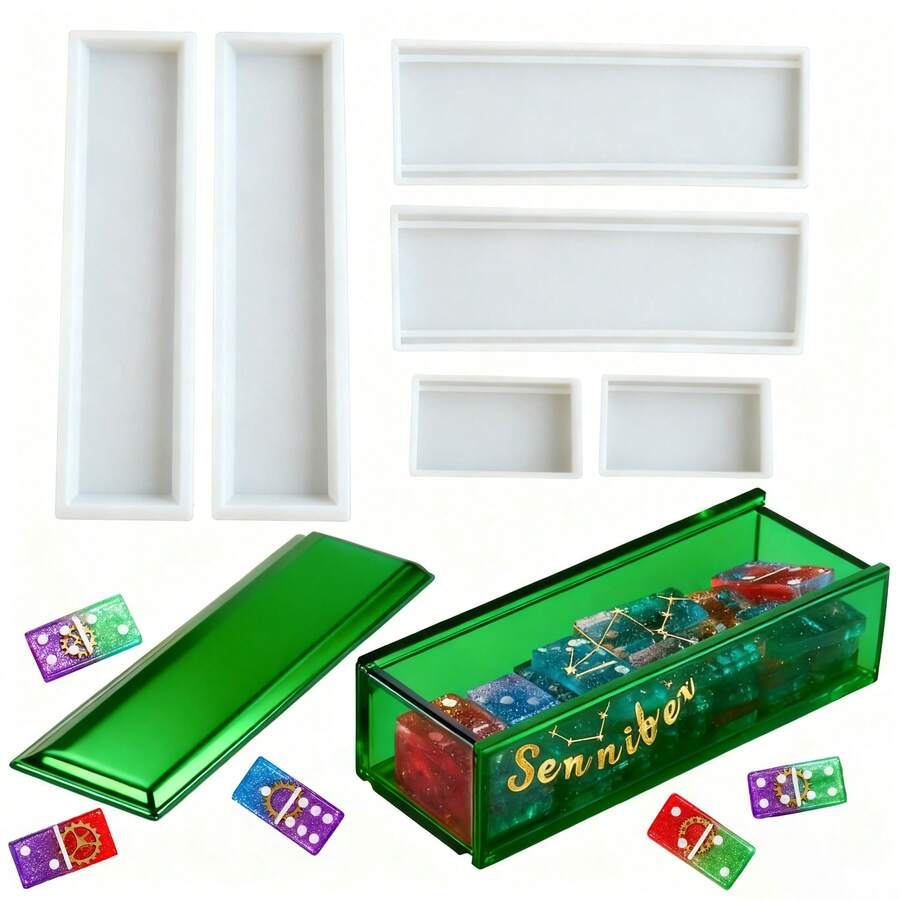 6pcs Domino Tile Resin Mold Set, With Sliding Dominoes, Large Sliding Tray Storage Box Silicone Mold, For Epoxy Resin Casting, Jewelry, Tarot Cards, DIY Crafts, Home Decor - Milky White/silicone - View 1