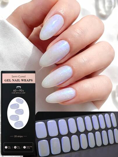 Set de 20 pegatinas de uñas de gel parcialmente curadas con diseño iridiscente de aurora blanco helado para primavera/verano, diseño iridiscente de brillo blanco lechoso, acabado brillante, de larga duración, requiere lámpara UV, adecuado para uso diario, boda, fiesta, actividades al aire libre, gran regalo para niñas