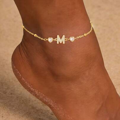 1pc Simple Fashion Heart Initial Golden Stainless Steel Bead Chain Anklets For Women