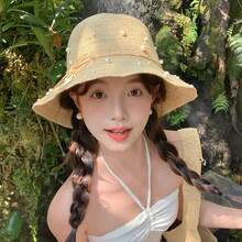 女士法式流苏草帽，大帽檐修饰脸型，夏季防晒沙滩帽 - 多色 - 查看 2