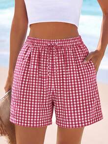 Women's Boxer Shorts Summer Dopamine Casual Home Sleeping Plaid Pj Button Front Y2K Plaid Pajama Shorts - 紅色格子色 - 查看 3