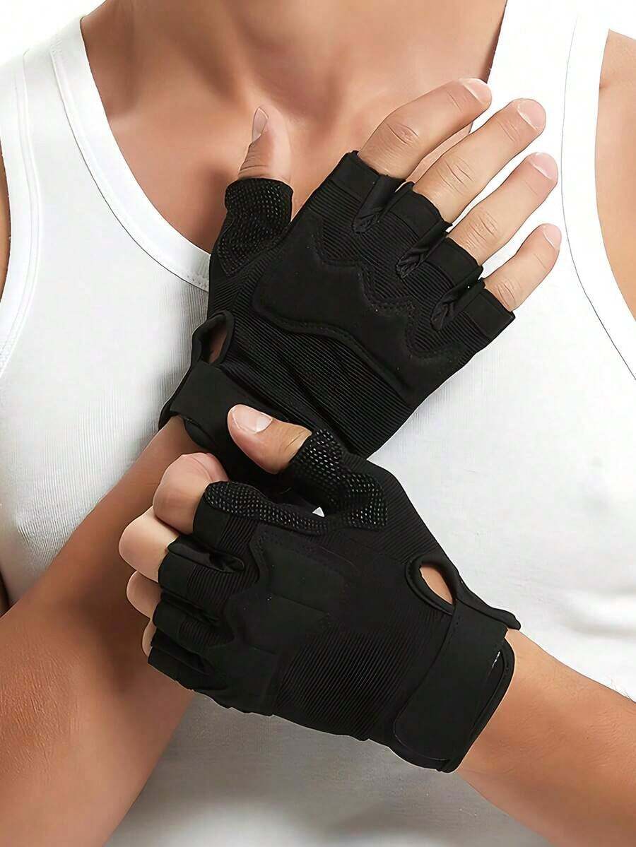1 par de guantes sin dedos negros, guantes tácticos sin dedos transpirables y ligeros para actividades al aire libre como tiro, caza, conducción de motocicleta y escalada en roca - Negro - Ver 1