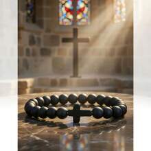 8毫米天然哑光玛瑙十字珠手链，弹性手链，宗教手环，男女皆宜 - 黑色 - 查看 12