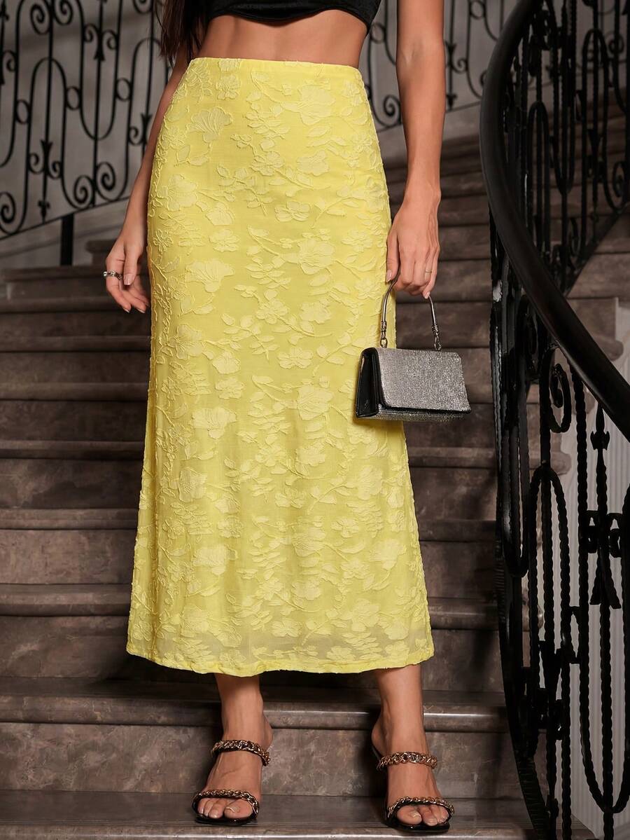 新款弹力针织修身半身裙，纯色纹理图案，优雅时尚 - 黃色 - 查看 1