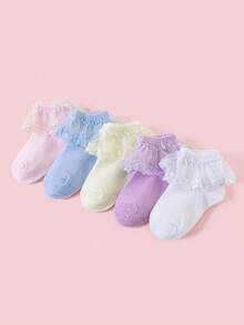 5 pares de calcetines cortos de estilo princesa con adorno de encaje de colores caramelo para niñas, con bordado de encaje de malla transpirable, moda, suaves y cómodos, adecuados para uso casual, al aire libre, actuaciones de baile, vacaciones, vuelta al colegio, bodas, primavera/verano - Multicolor - Ver 1
