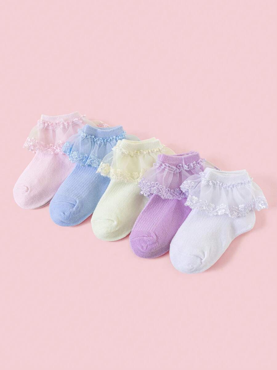 5 pares de calcetines cortos de estilo princesa con adorno de encaje de colores caramelo para niñas, con bordado de encaje de malla transpirable, moda, suaves y cómodos, adecuados para uso casual, al aire libre, actuaciones de baile, vacaciones, vuelta al colegio, bodas, primavera/verano - Multicolor - Ver 1