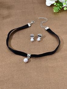 3件套复古首饰：黑色纹身天鹅绒颈链、仿珍珠装饰银色耳钉，适合夜间派对佩戴 - 彩色 - 查看 3