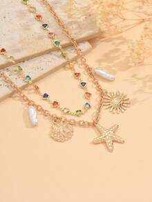 2pcs/Set Summer Ocean Style Pendant Necklace, Fashionable Gold Metal Starfish, Shell, Sun & Faux Pearl Combination Pendant Necklace, Elegant Handmade Heart-Shaped Chain, Suitable For Daily Wear, Beach Vacation, Photography, Adjustable Chain Length - Multicolor - View 2