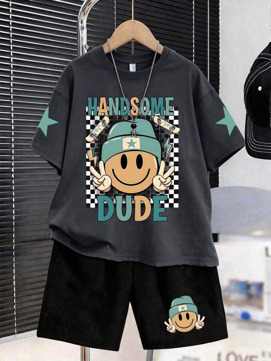 1 Set Suitable For Tween Boys, Short Sleeve T-Shirt With Sweatpants Set, Featuring Face Print, Perfect Summer Gift For School And Outdoor Wear, Spring/Summer - Multicolor - View 1