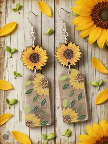 Retro Countryside Style Sunflower Wooden Earrings, Transparent Acrylic Printed Bohemian Long Earrings - Multicolor - View 2
