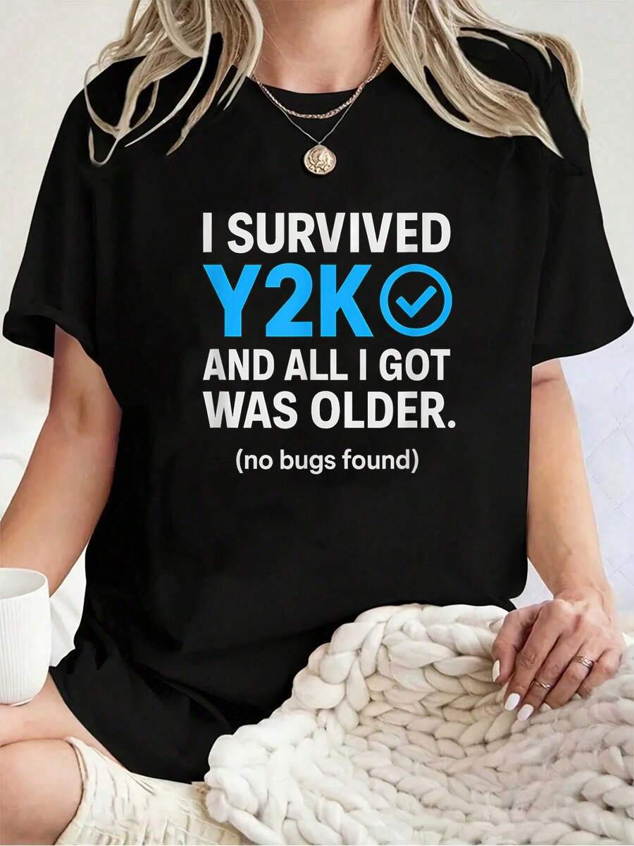 Camiseta Gráfica Unisex 100% Algodón con Estampado "I Survived Y2K - All I Got Was Older" - Camiseta de Manga Corta - Negro - Ver 1